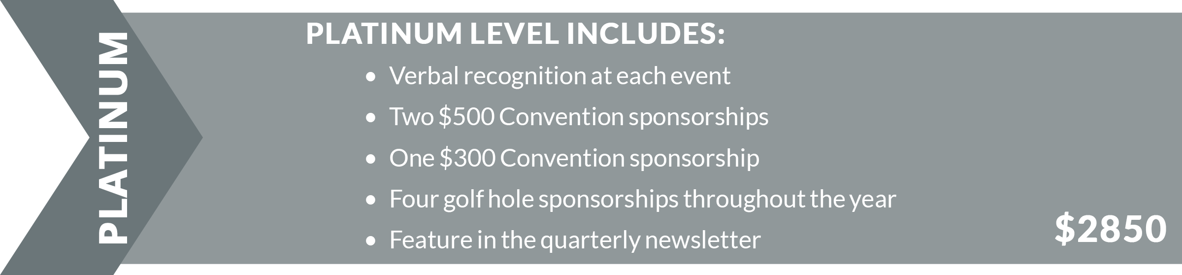 Verbal recognition at each event Two $500 Convention sponsorships One $300 Convention sponsorship Four golf hole sponsorships throughout the year Feature in the quarterly newsletter