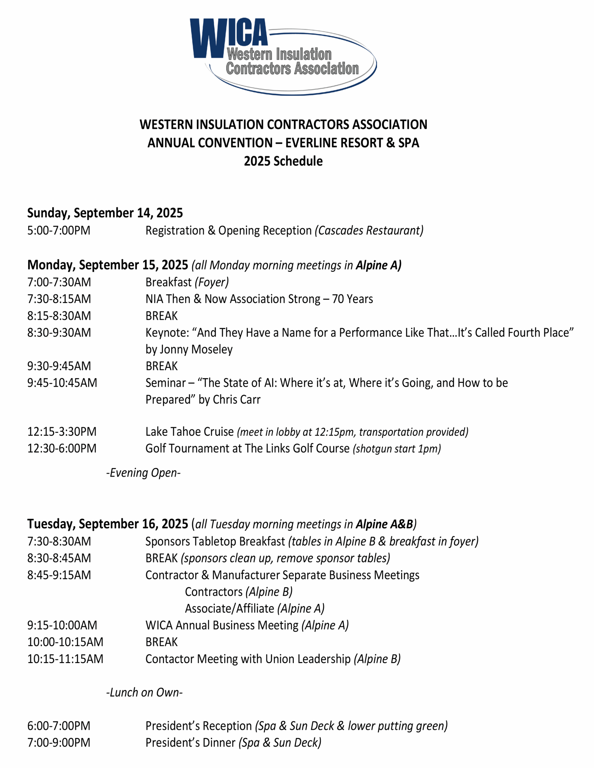 2025 Convention Schedule